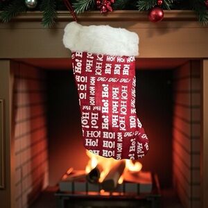 Christmas Stocking red hohoho burlap hand crafted lined faux faux trim fun santa